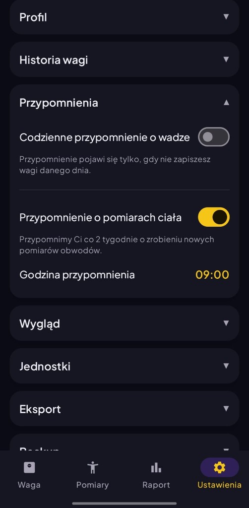 Ustawienia przypomnień o wadze i pomiarach ciała