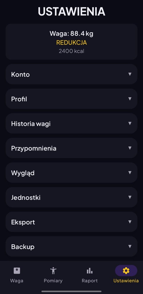 Ustawienia aplikacji: konto, profil, jednostki, eksport i backup